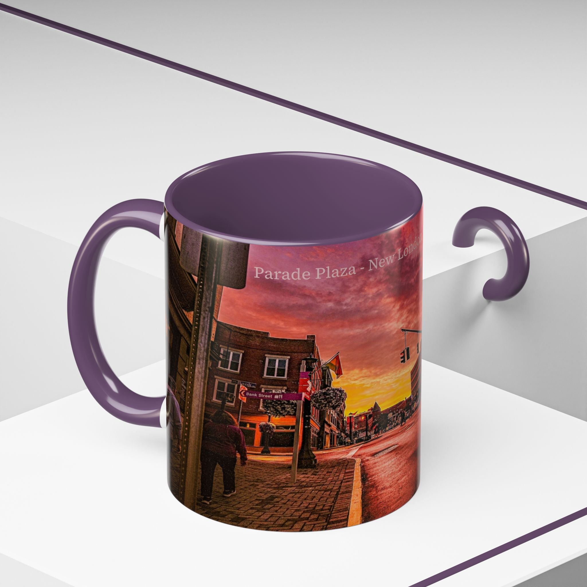 Parade Plaza New London Sunset Town Accent Coffee Mug (11/15oz) — Vibrant Urban Sunset Ceramic Mug