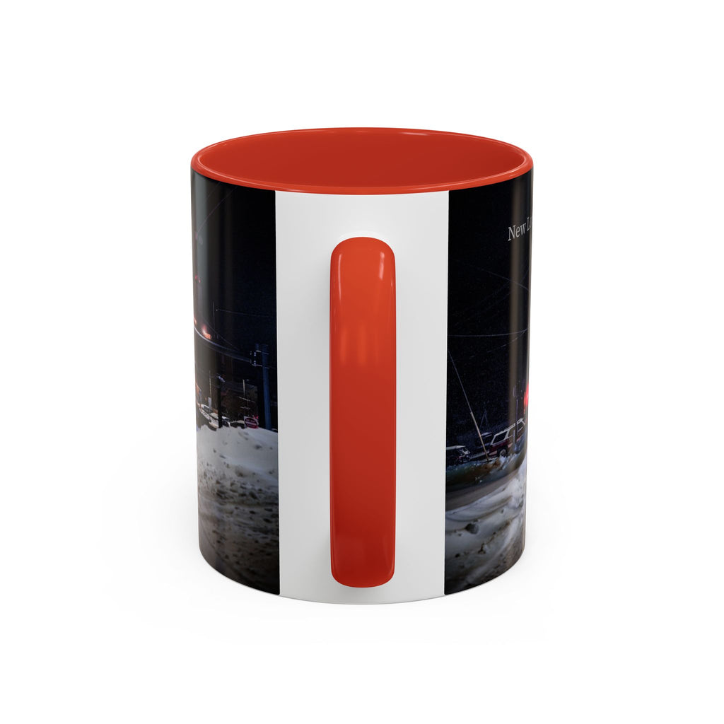 New London Fire Station Night Scene Accent Coffee Mug — 11/15oz Red-Handle Ceramic Mug