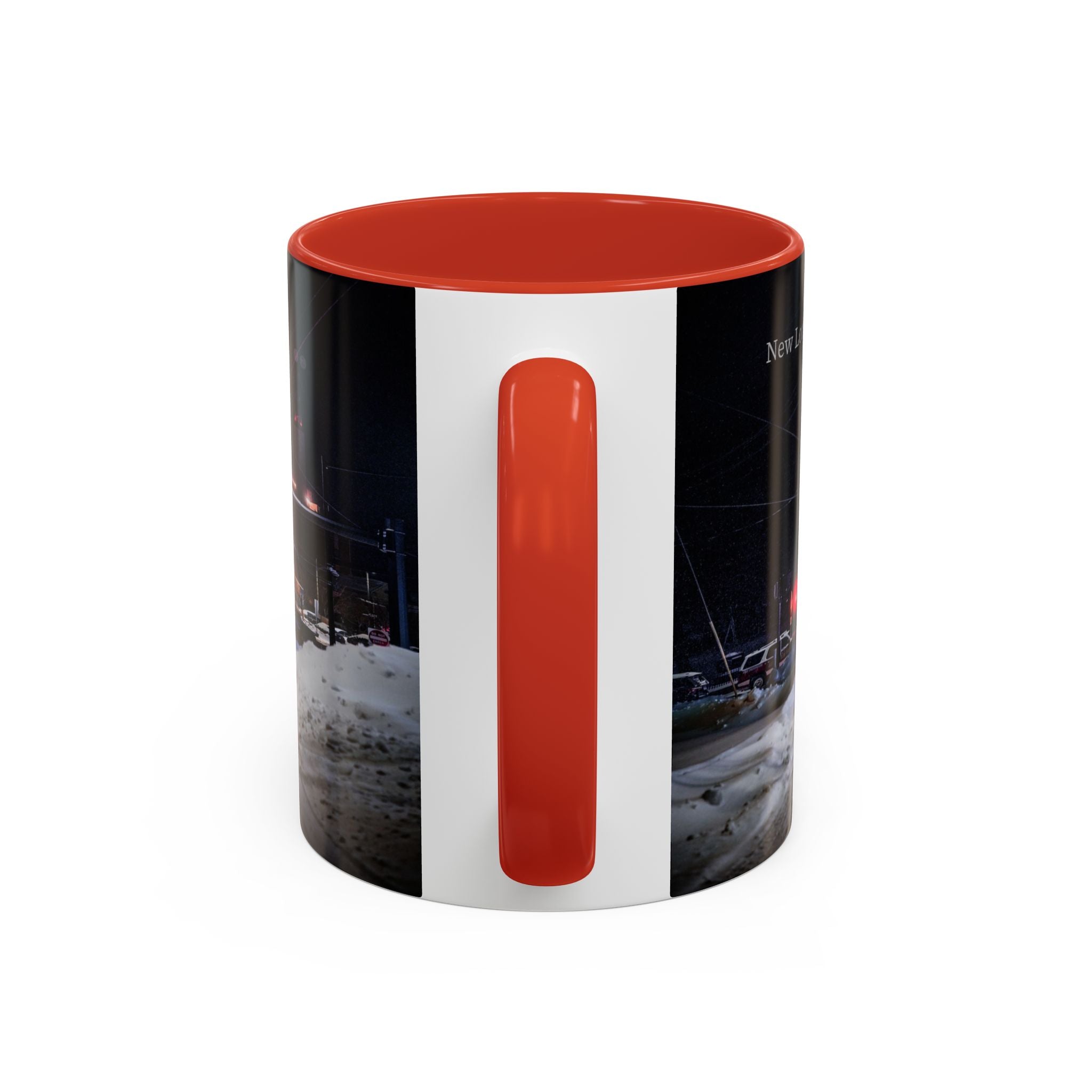 New London Fire Station Night Scene Accent Coffee Mug — 11/15oz Red-Handle Ceramic Mug