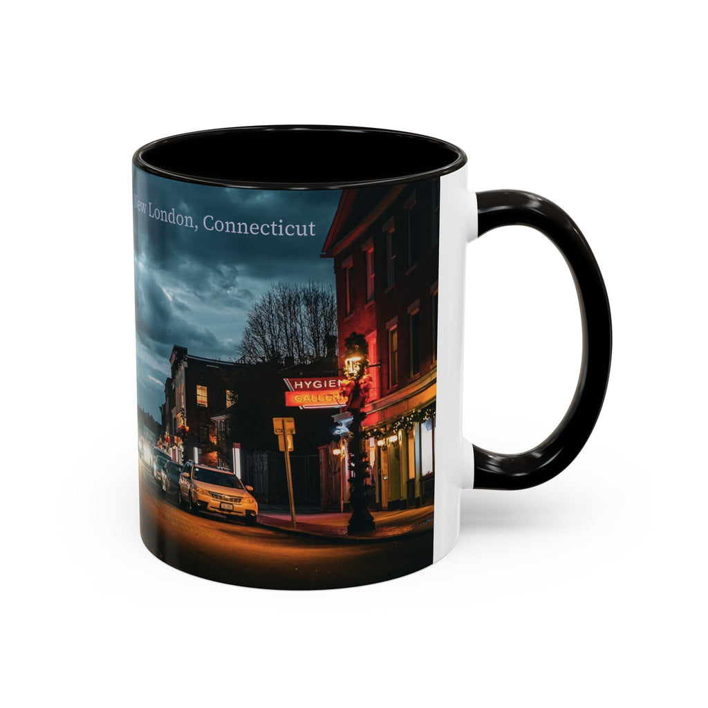 Bank Street New London, Connecticut Nightscape Mug — Scenic City Street Coffee Cup (11oz, 15oz)
