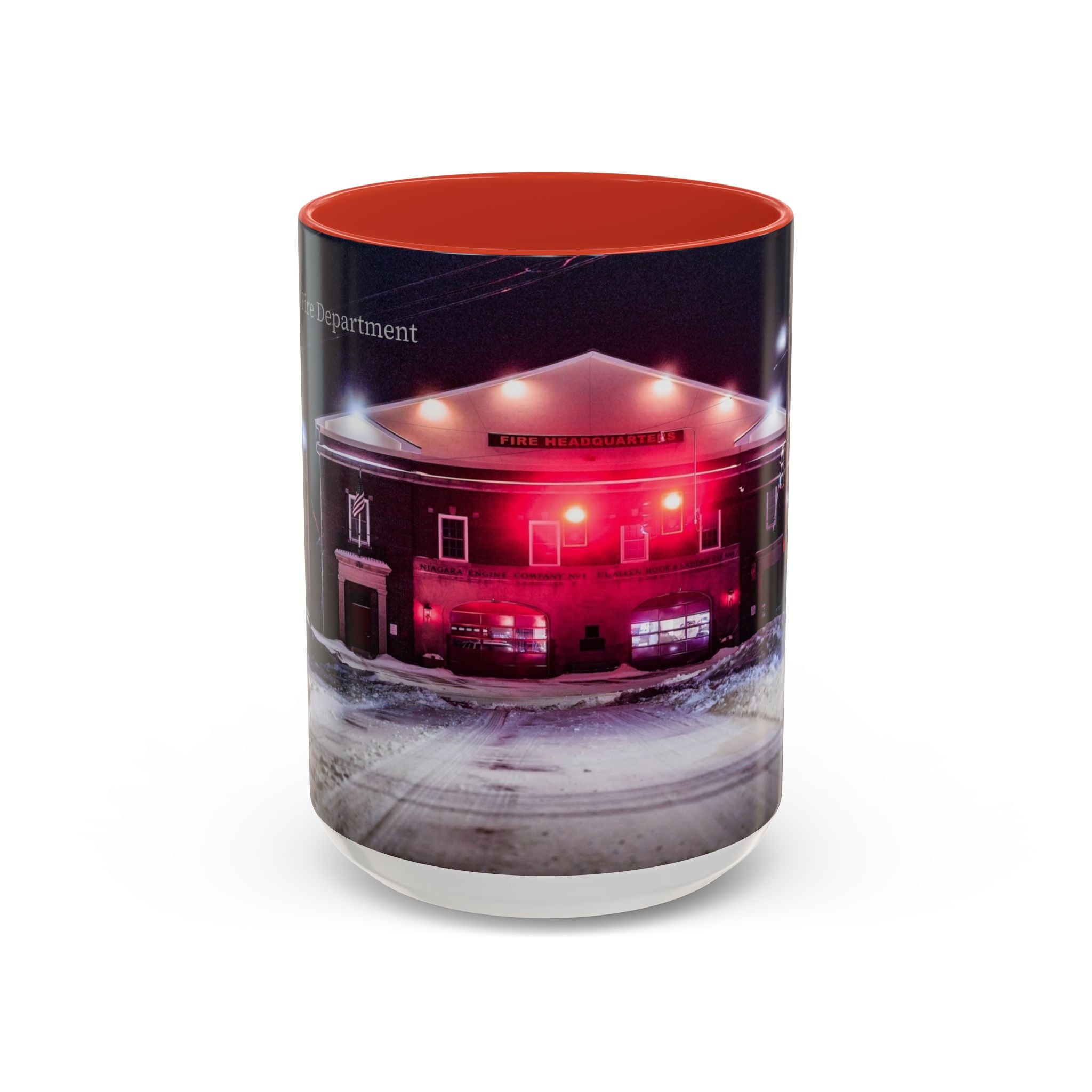 New London Fire Station Night Scene Accent Coffee Mug — 11/15oz Red-Handle Ceramic Mug