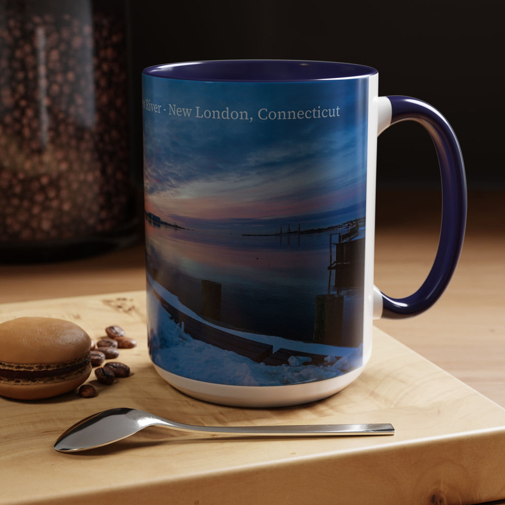 Thames River - New London Connecticut Scenic Coffee Mug — Sunrise Harbor Photo Accent Mug (11/15oz)