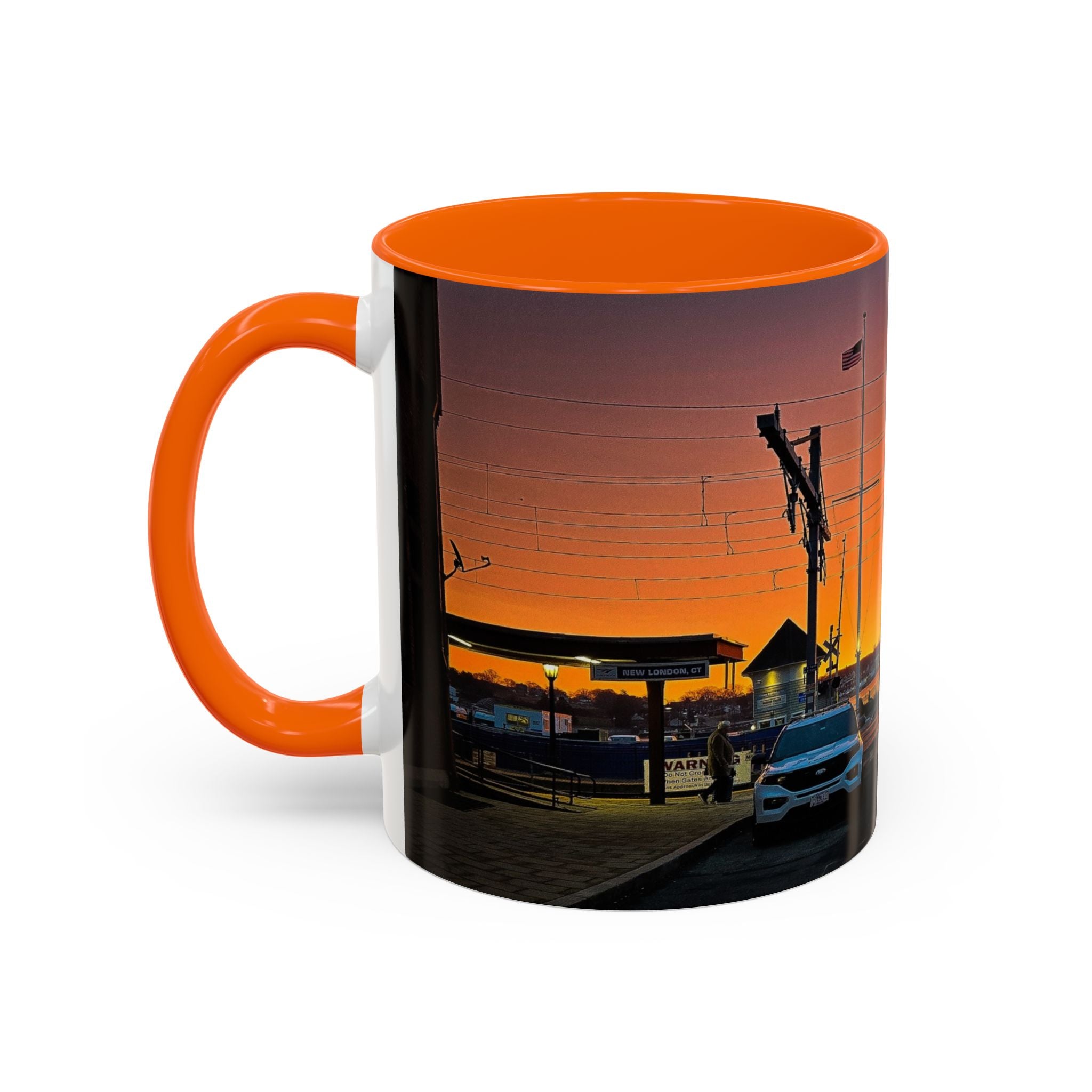 New London Train Station Connecticut Sunrise Coffee Mug — Harbor Skyline Accent Mug (11/15 oz)