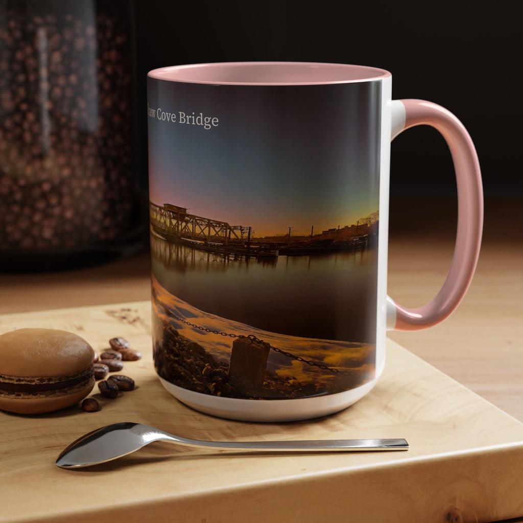 Shaws Cove Bridge - New london Connecticut Accent Coffee Mug — Scenic Sunrise Bridge Photo, 11/15oz