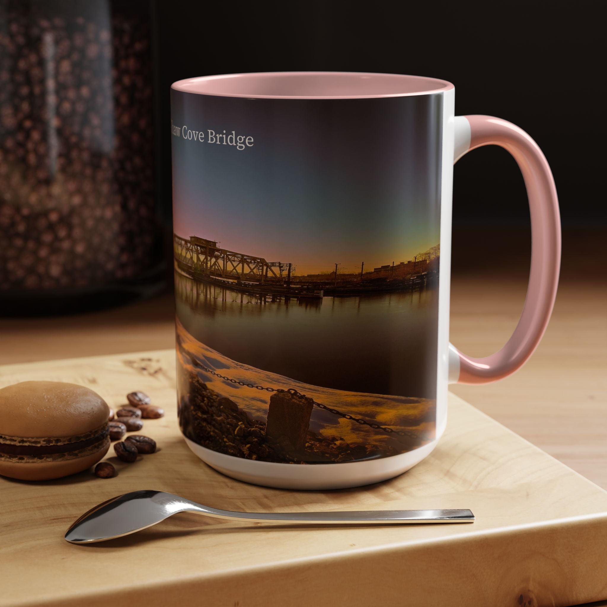 Shaws Cove Bridge - New london Connecticut Accent Coffee Mug — Scenic Sunrise Bridge Photo, 11/15oz
