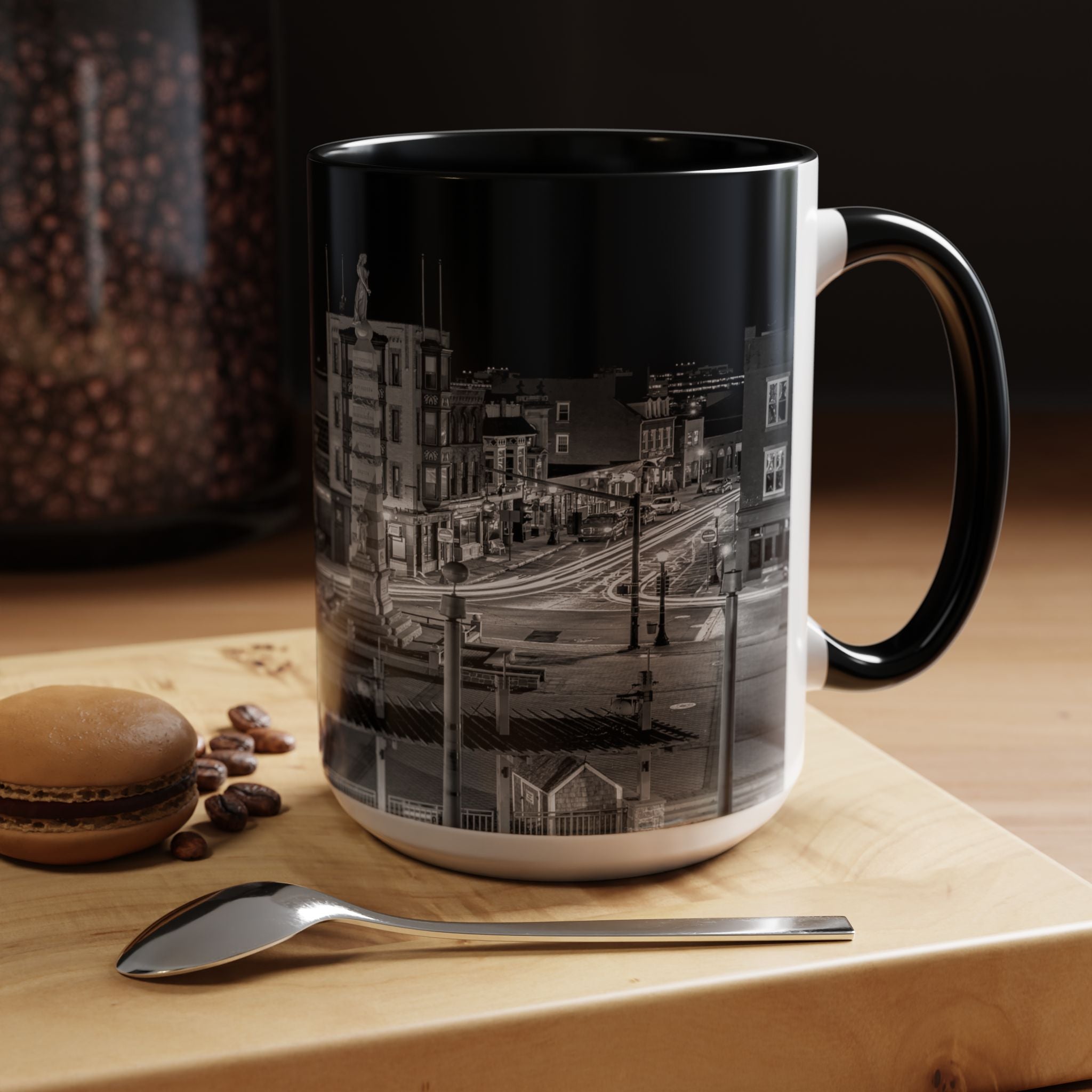 Parade Plaza New London Connecticut Long Exposure Nightscape Coffee Mug — Black & White City Photo Accent Mug (11/15oz)