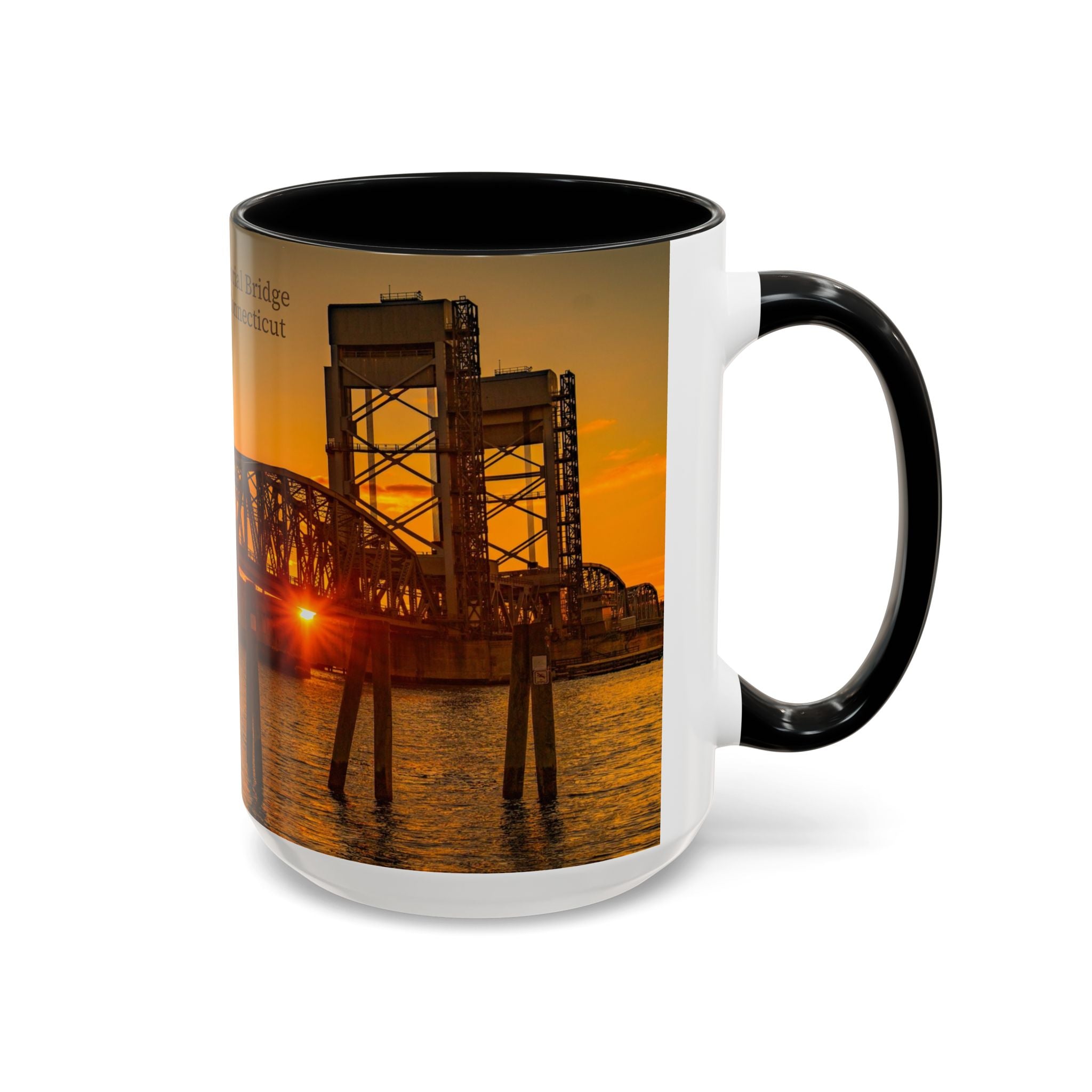 Gold Star Memorial Bridge - New London Sunset Accent Coffee Mug — Scenic Waterfront Sunrise Ceramic Mug (11/15oz)
