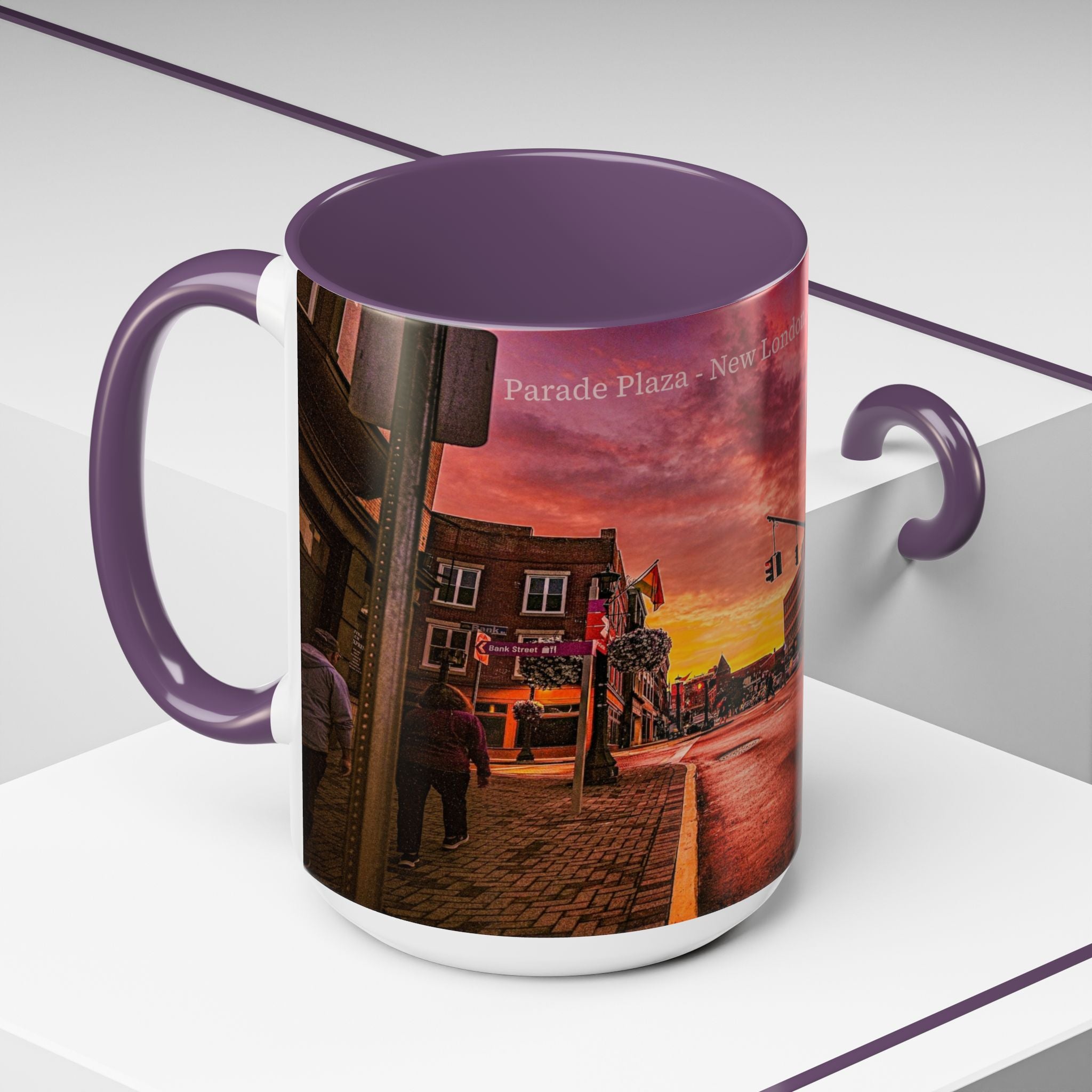 Parade Plaza New London Sunset Town Accent Coffee Mug (11/15oz) — Vibrant Urban Sunset Ceramic Mug