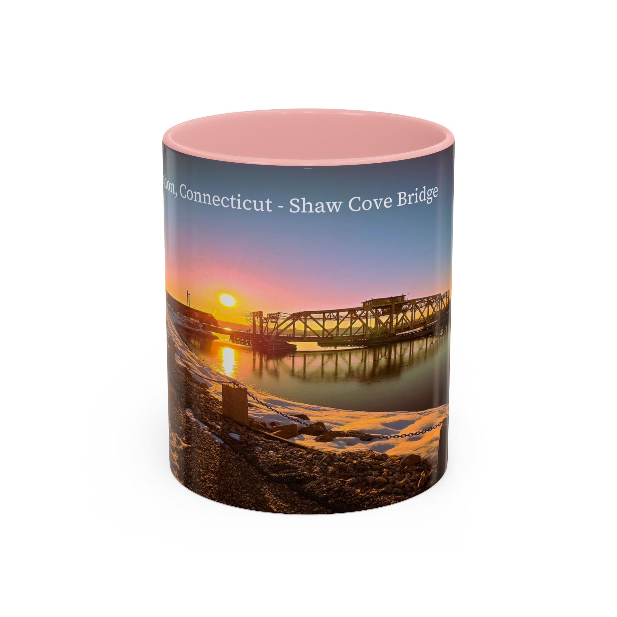 Shaws Cove Bridge - New london Connecticut Accent Coffee Mug — Scenic Sunrise Bridge Photo, 11/15oz