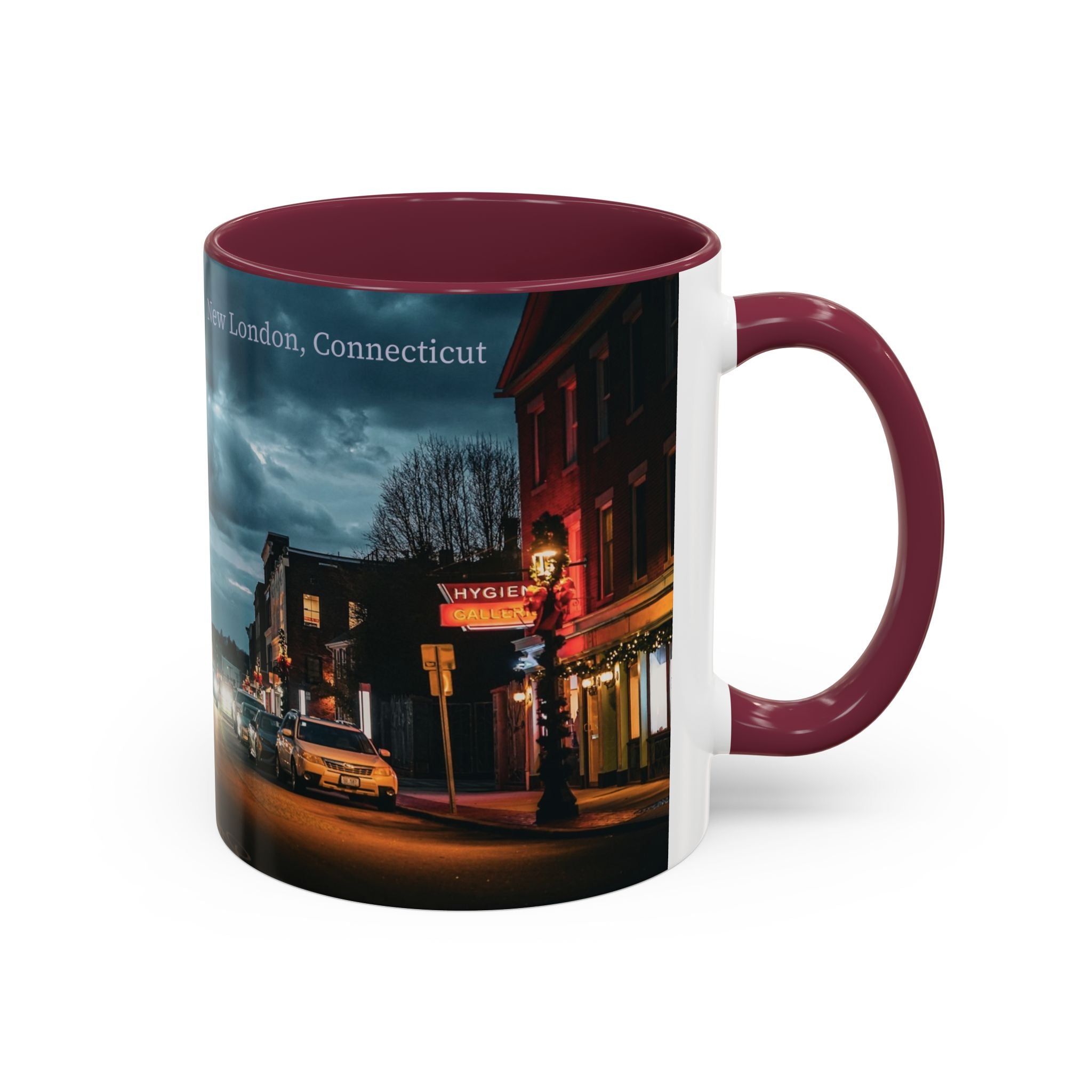 Bank Street New London, Connecticut Nightscape Mug — Scenic City Street Coffee Cup (11oz, 15oz)