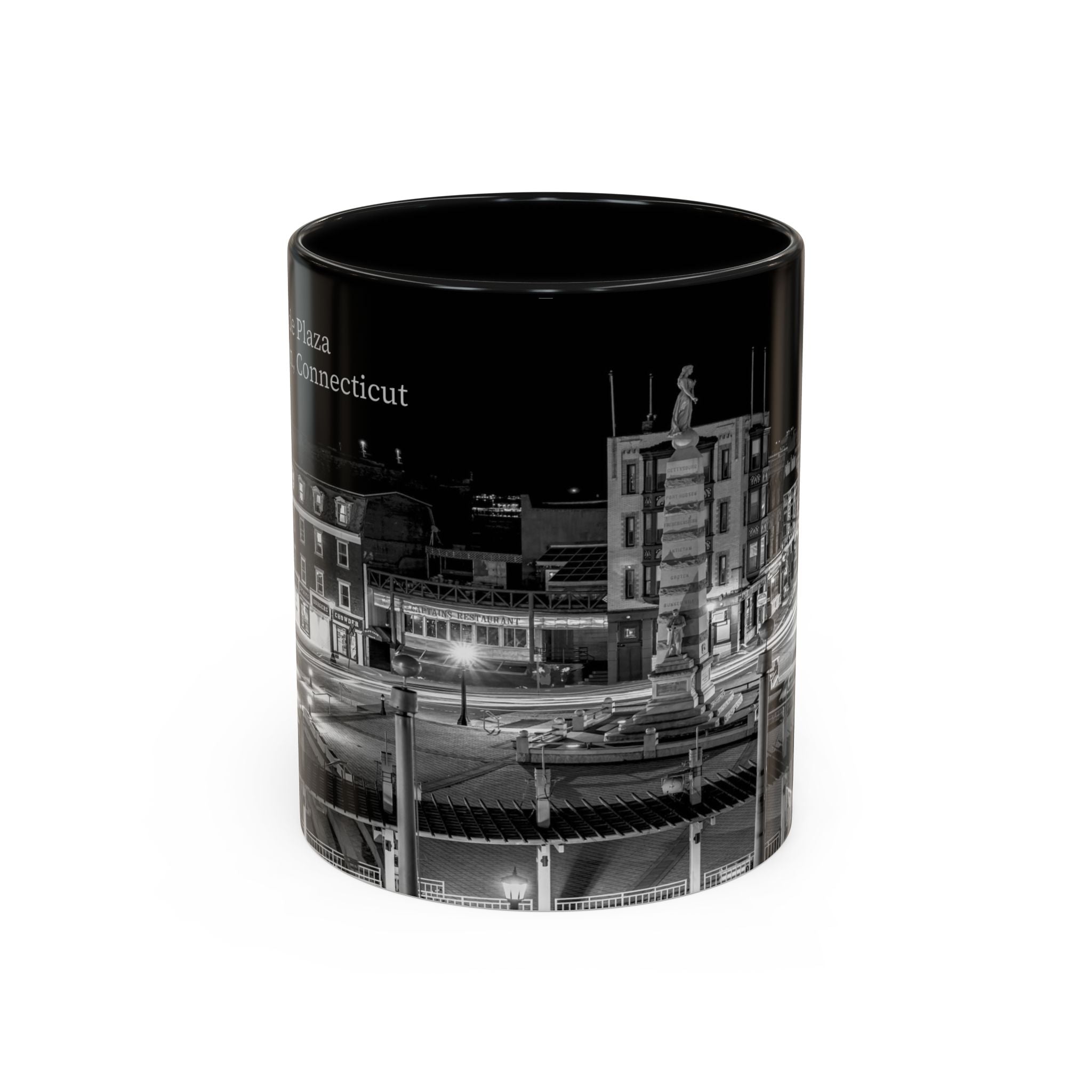 Parade Plaza New London Connecticut Long Exposure Nightscape Coffee Mug — Black & White City Photo Accent Mug (11/15oz)