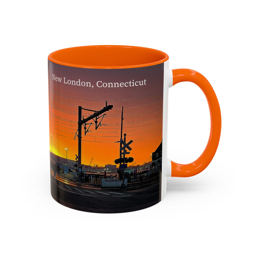 New London Train Station Connecticut Sunrise Coffee Mug — Harbor Skyline Accent Mug (11/15 oz)