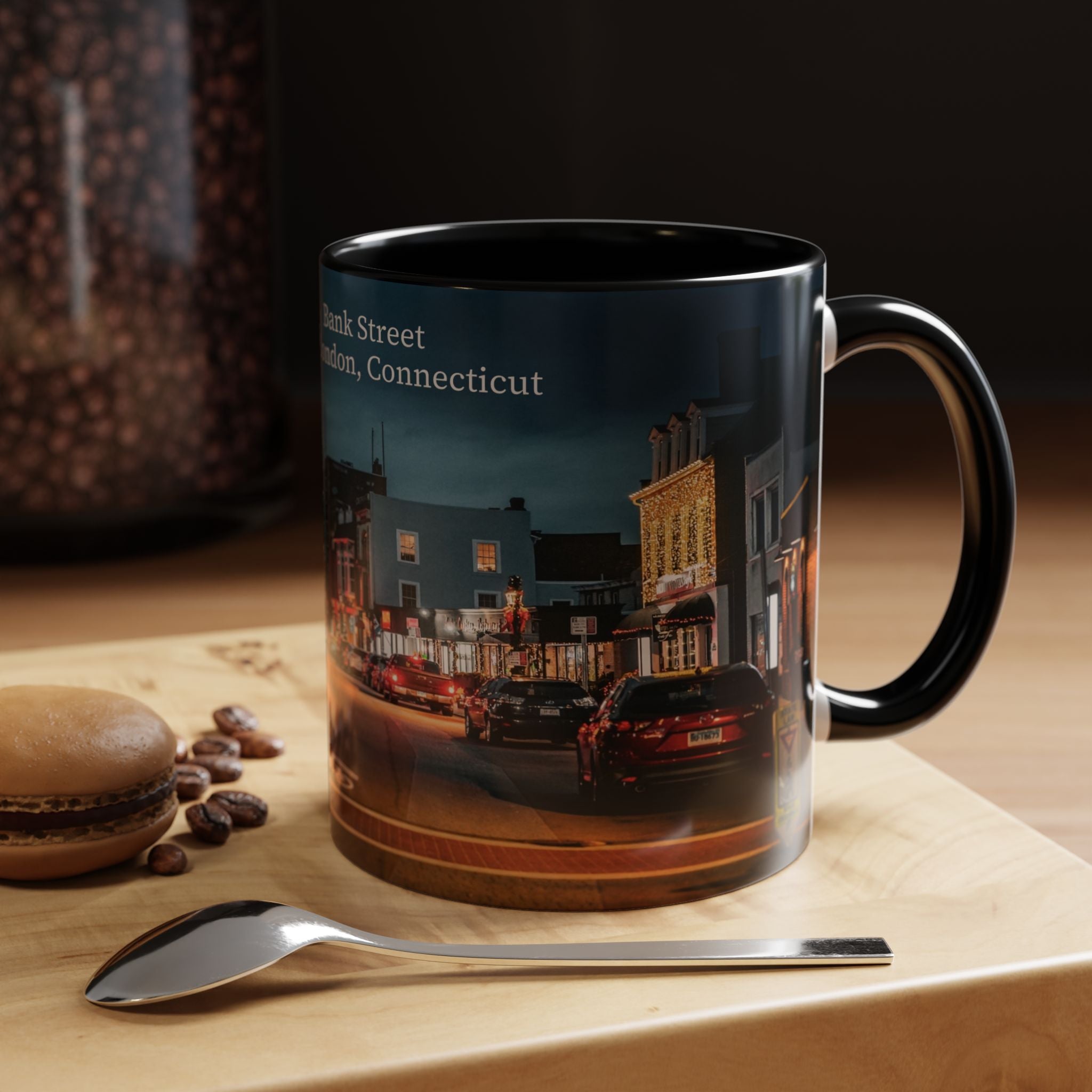Bank Street New London Bank Street Night Café Accent Coffee Mug — Vintage Main Street Evening Photo (11/15oz)