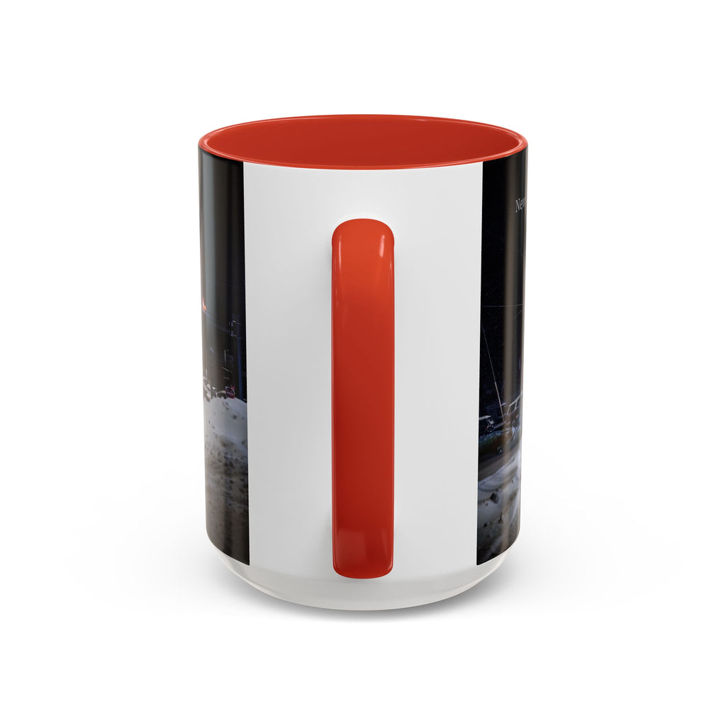 New London Fire Station Night Scene Accent Coffee Mug — 11/15oz Red-Handle Ceramic Mug
