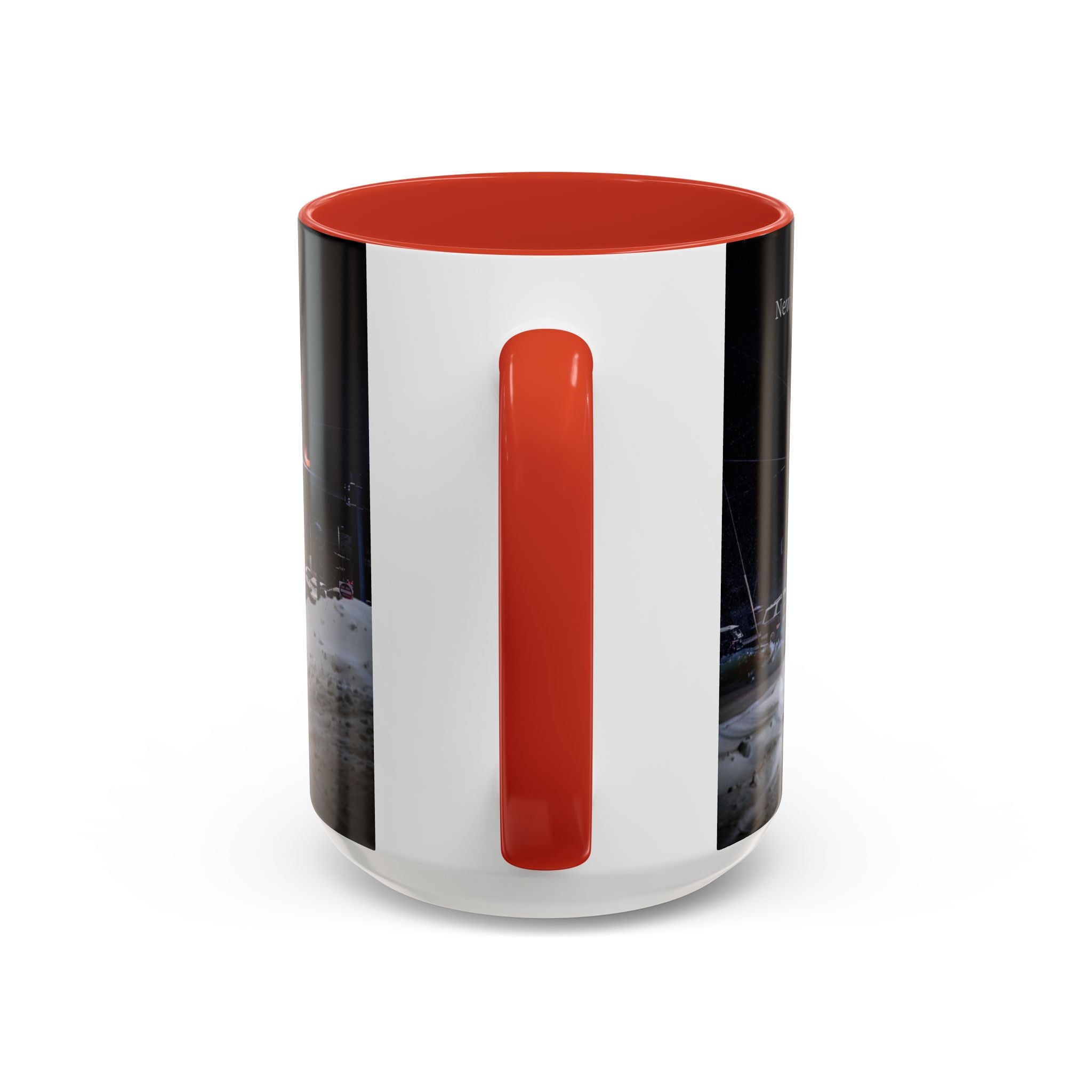 New London Fire Station Night Scene Accent Coffee Mug — 11/15oz Red-Handle Ceramic Mug