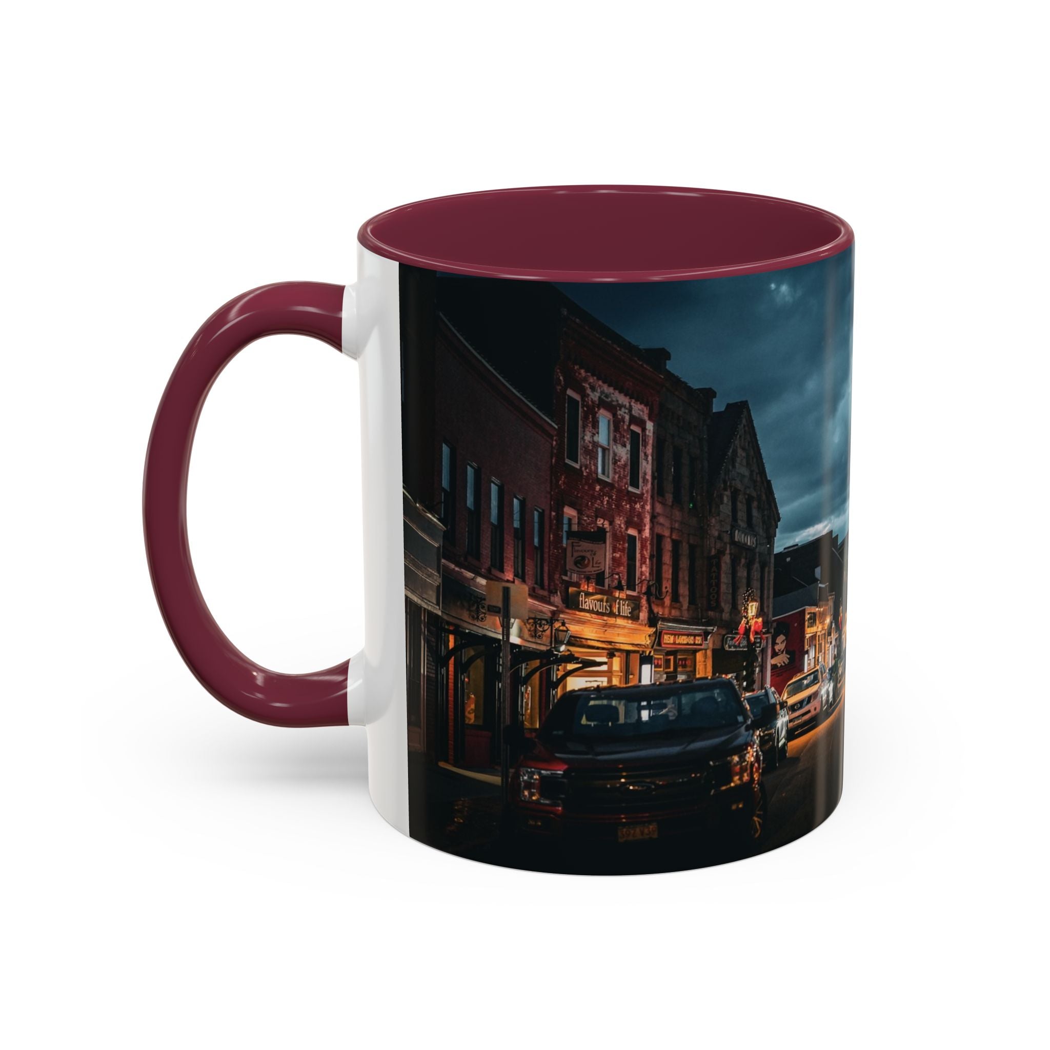 Bank Street New London, Connecticut Nightscape Mug — Scenic City Street Coffee Cup (11oz, 15oz)