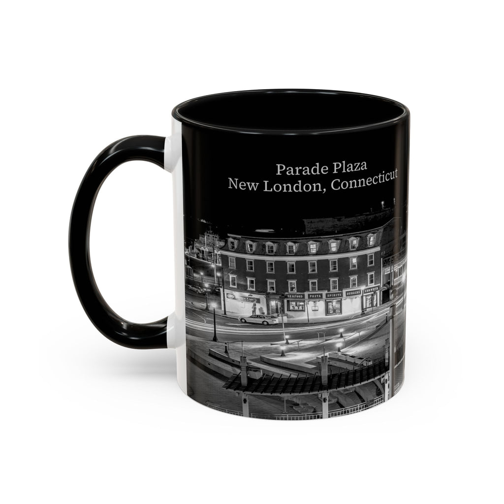 Parade Plaza New London Connecticut Long Exposure Nightscape Coffee Mug — Black & White City Photo Accent Mug (11/15oz)