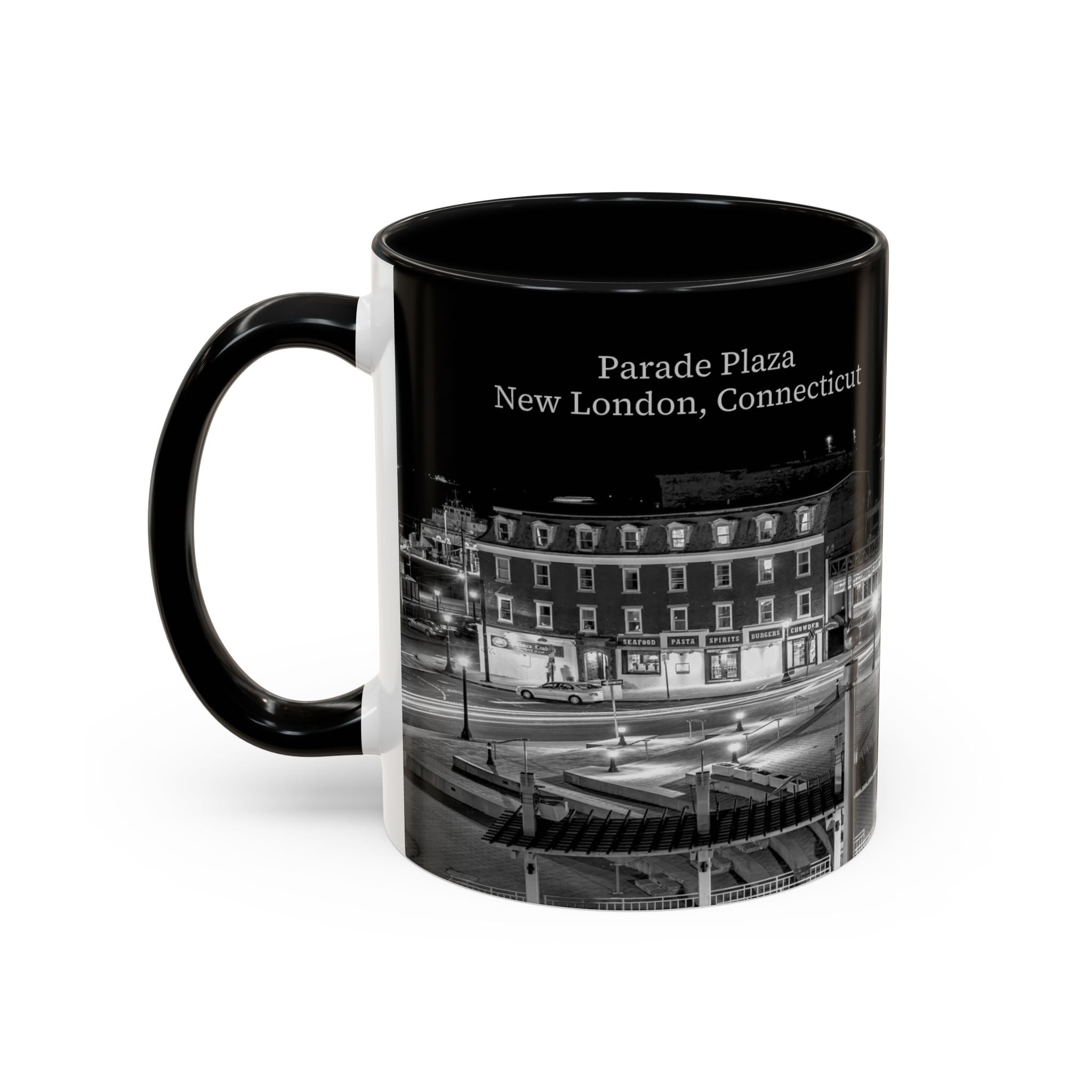 Parade Plaza New London Connecticut Long Exposure Nightscape Coffee Mug — Black & White City Photo Accent Mug (11/15oz)