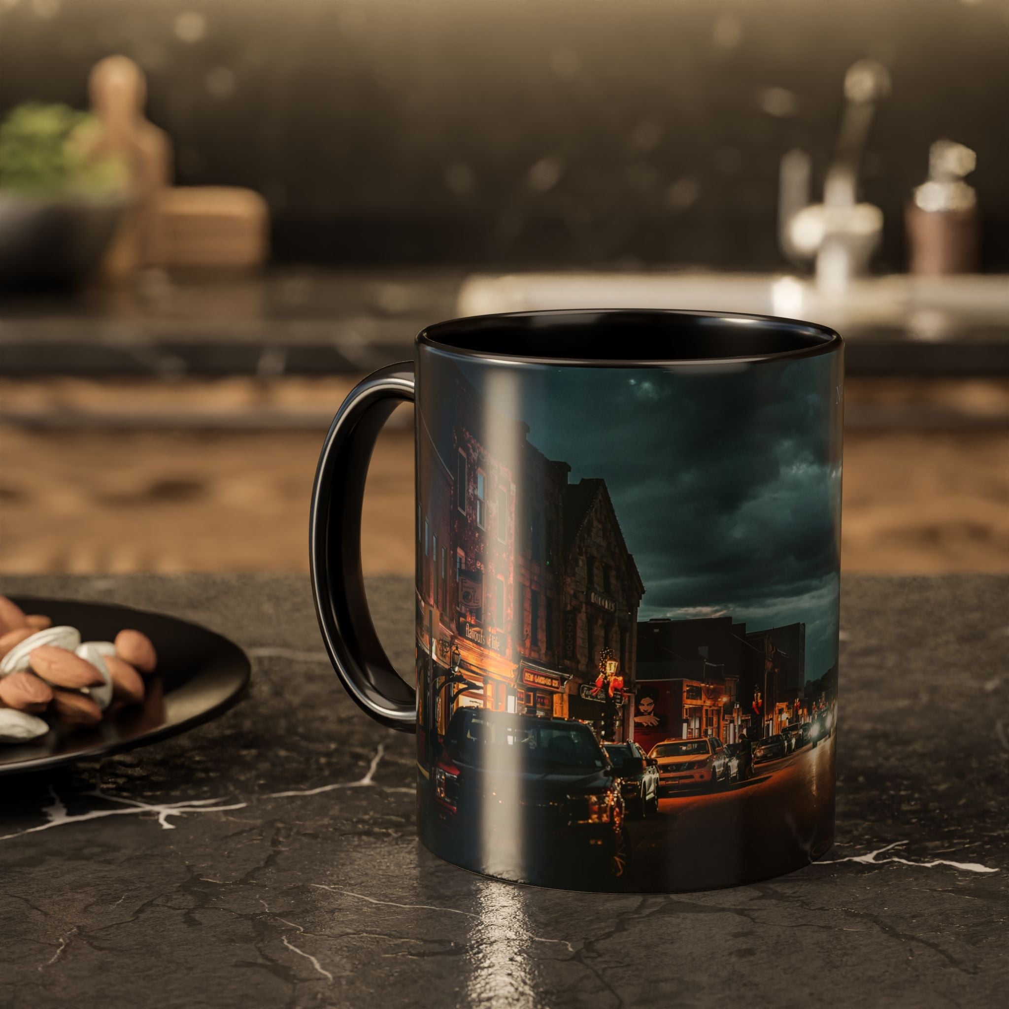 Bank Street New London, Connecticut Nightscape Mug — Scenic City Street Coffee Cup (11oz, 15oz)