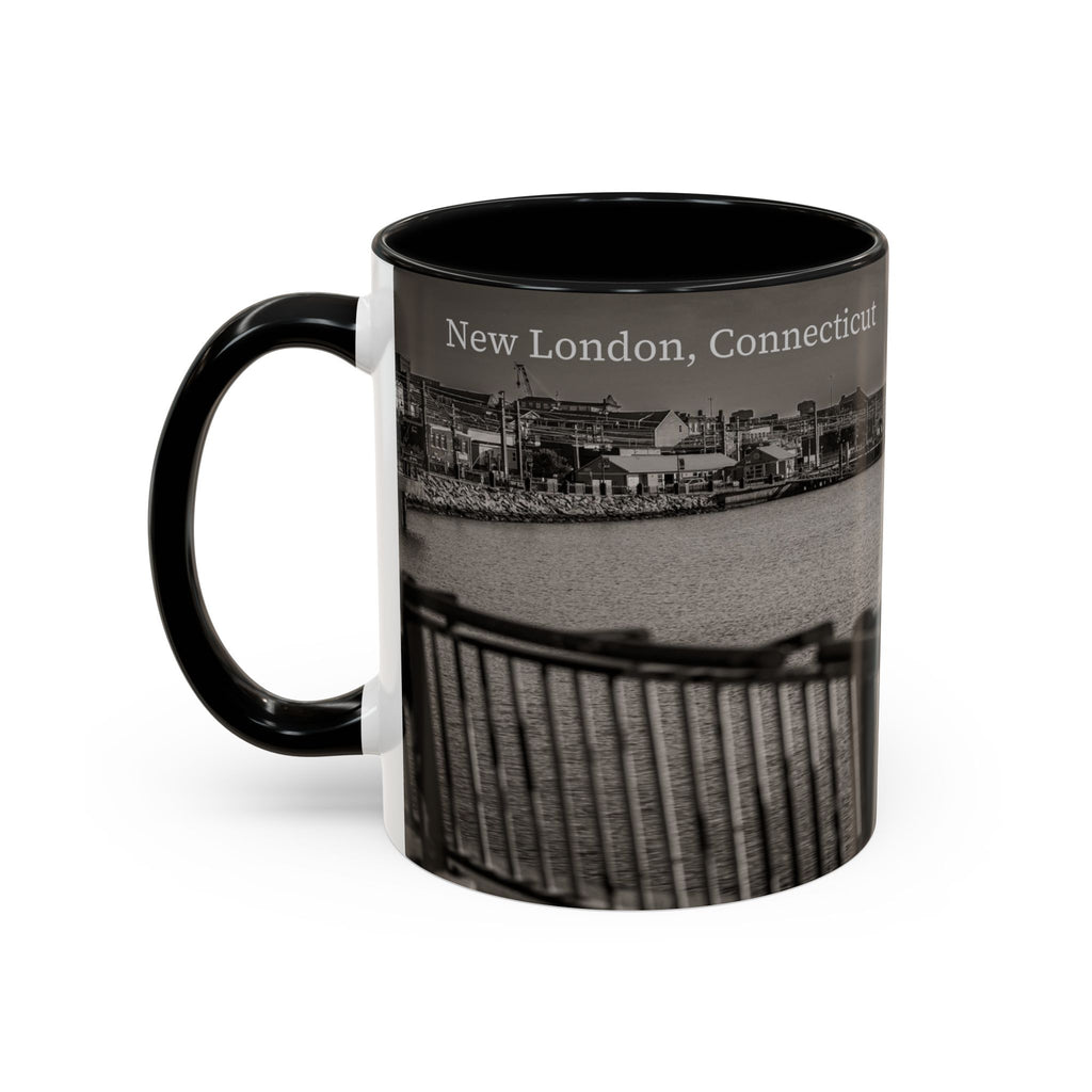 New London Thames River Photo Accent Coffee Mug – Black & White Waterfront Scene (11/15 oz)