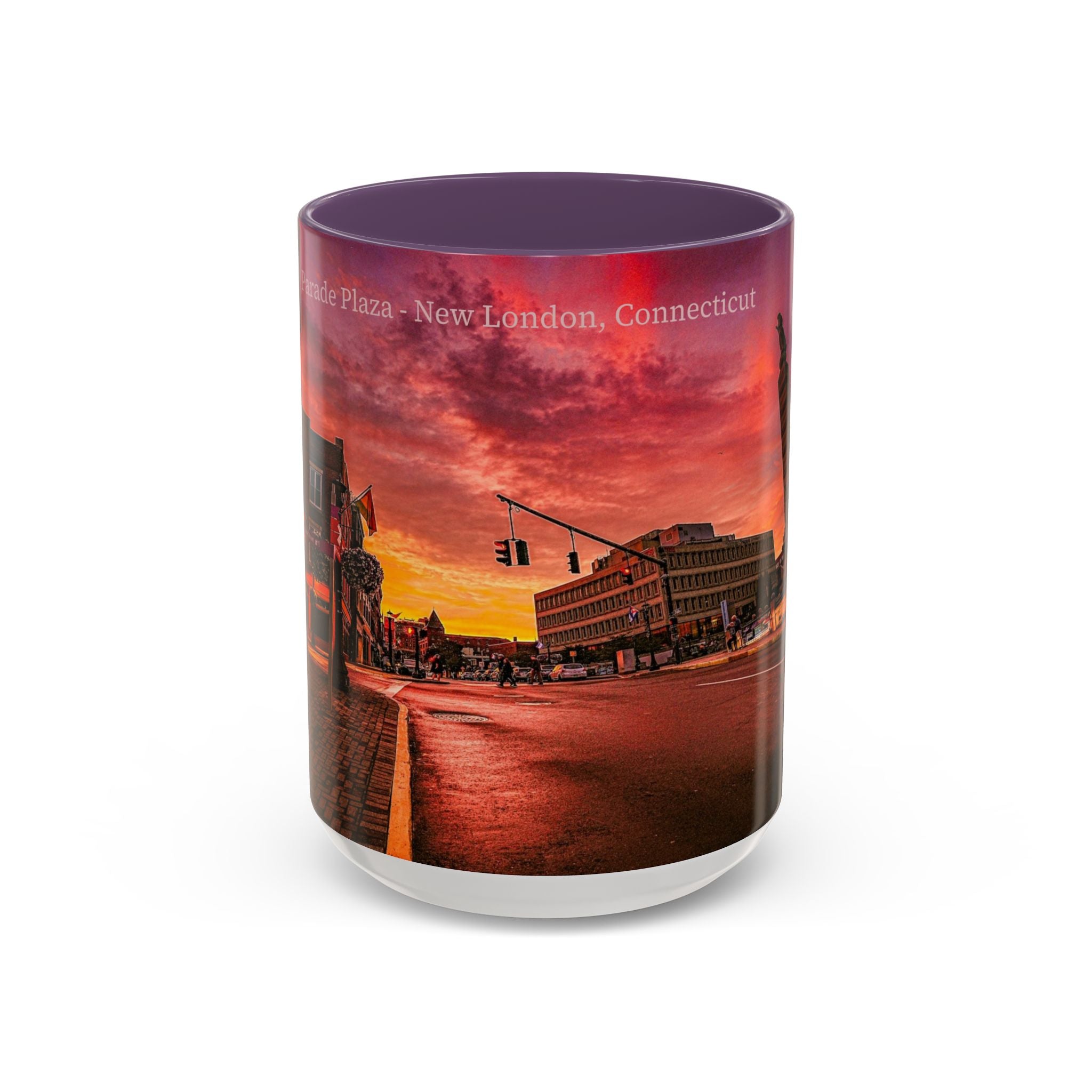 Parade Plaza New London Sunset Town Accent Coffee Mug (11/15oz) — Vibrant Urban Sunset Ceramic Mug