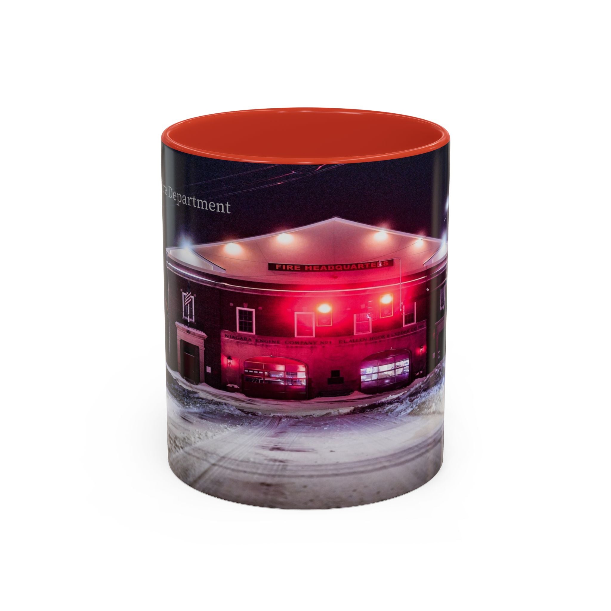 New London Fire Station Night Scene Accent Coffee Mug — 11/15oz Red-Handle Ceramic Mug