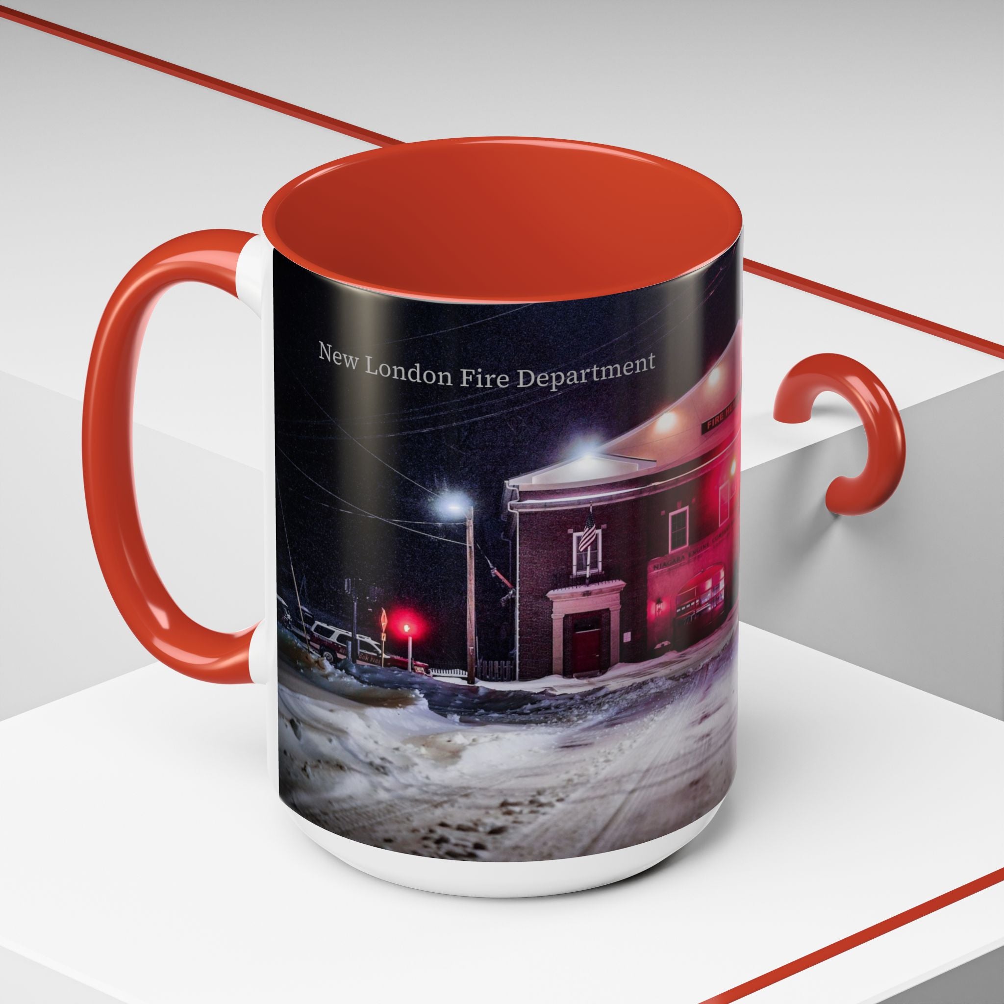 New London Fire Station Night Scene Accent Coffee Mug — 11/15oz Red-Handle Ceramic Mug