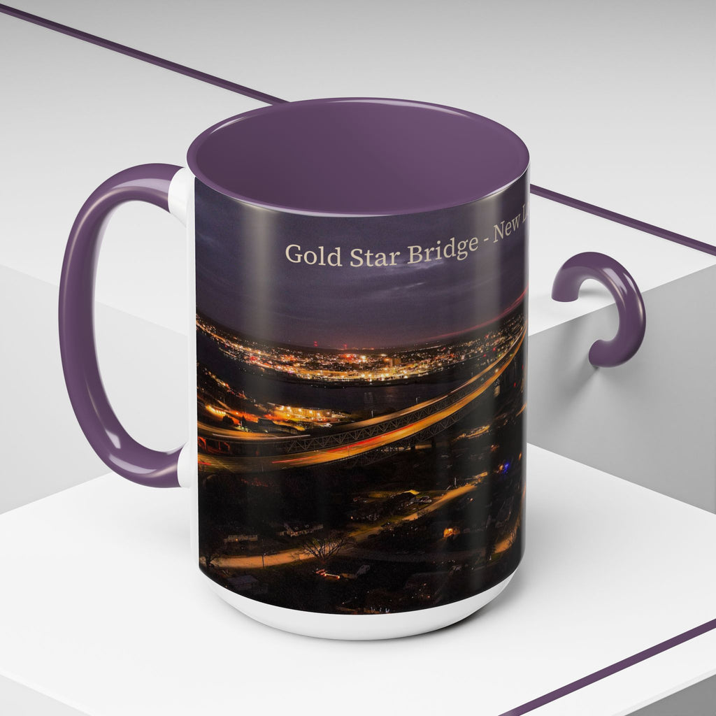 Gold Star Bridge New London Connecticut Nightscape Coffee Mug – Scenic River & Bridge Night Lights (11/15oz)