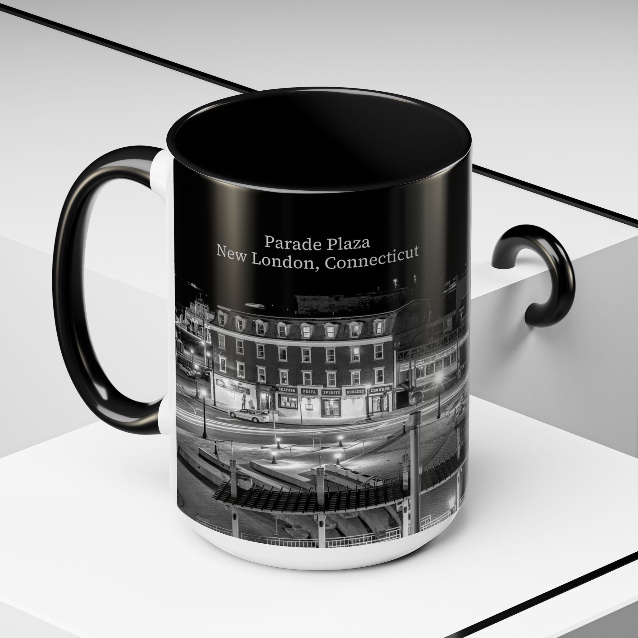 Parade Plaza New London Connecticut Long Exposure Nightscape Coffee Mug — Black & White City Photo Accent Mug (11/15oz)