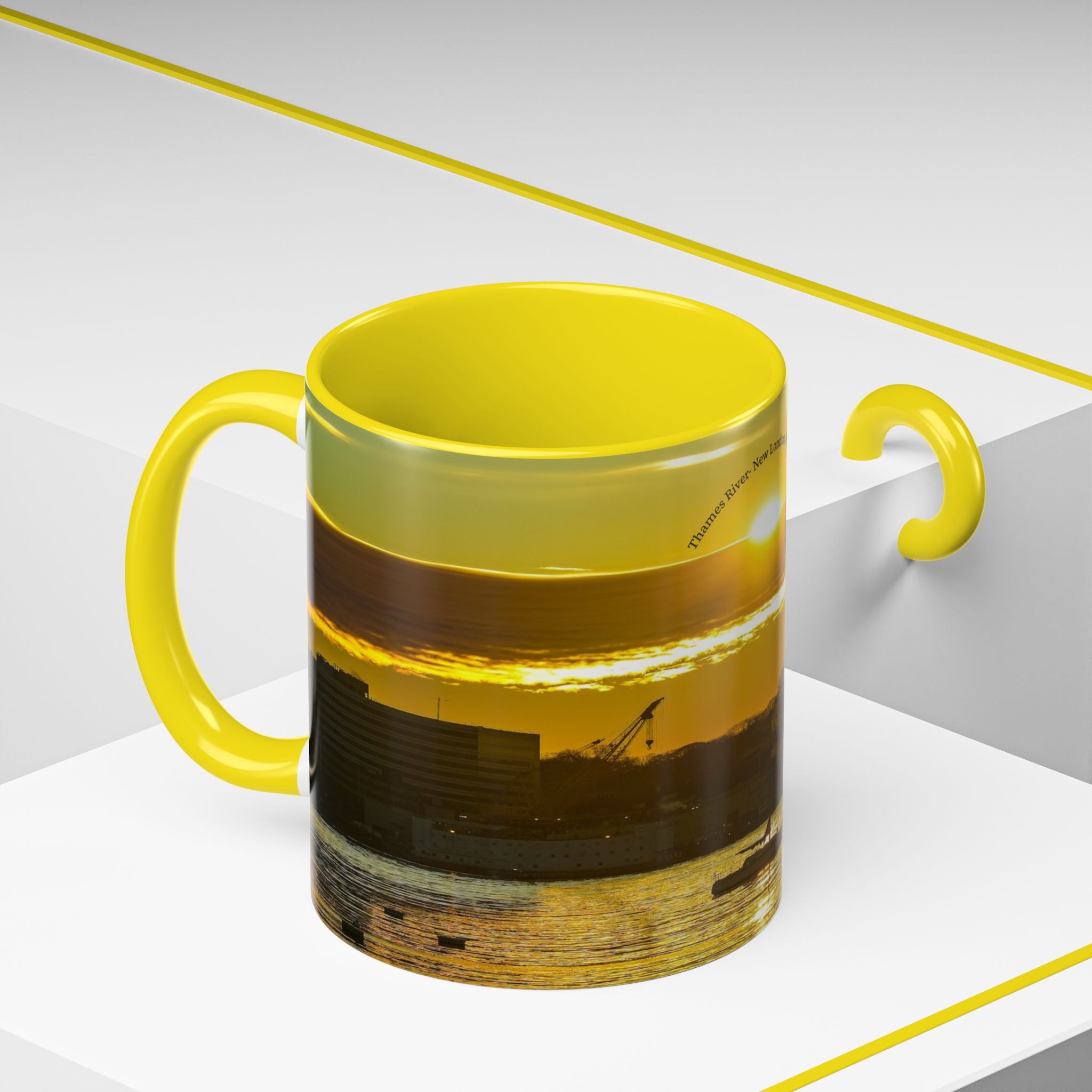 Thames River - New London, Connecticut Accent Coffee Mug — Golden Boat Sunrise Photography (11/15 oz)