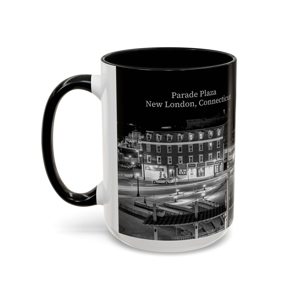 Parade Plaza New London Connecticut Long Exposure Nightscape Coffee Mug — Black & White City Photo Accent Mug (11/15oz)