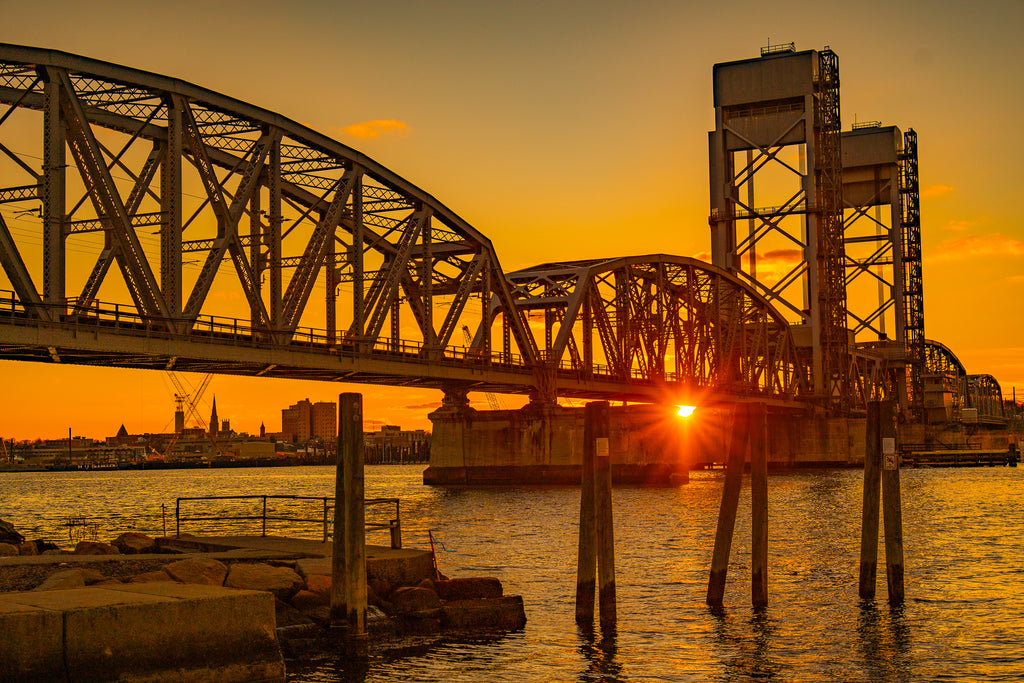Gold Star Memorial Bridge - New London Sunset Accent Coffee Mug — Scenic Waterfront Sunrise Ceramic Mug (11/15oz)
