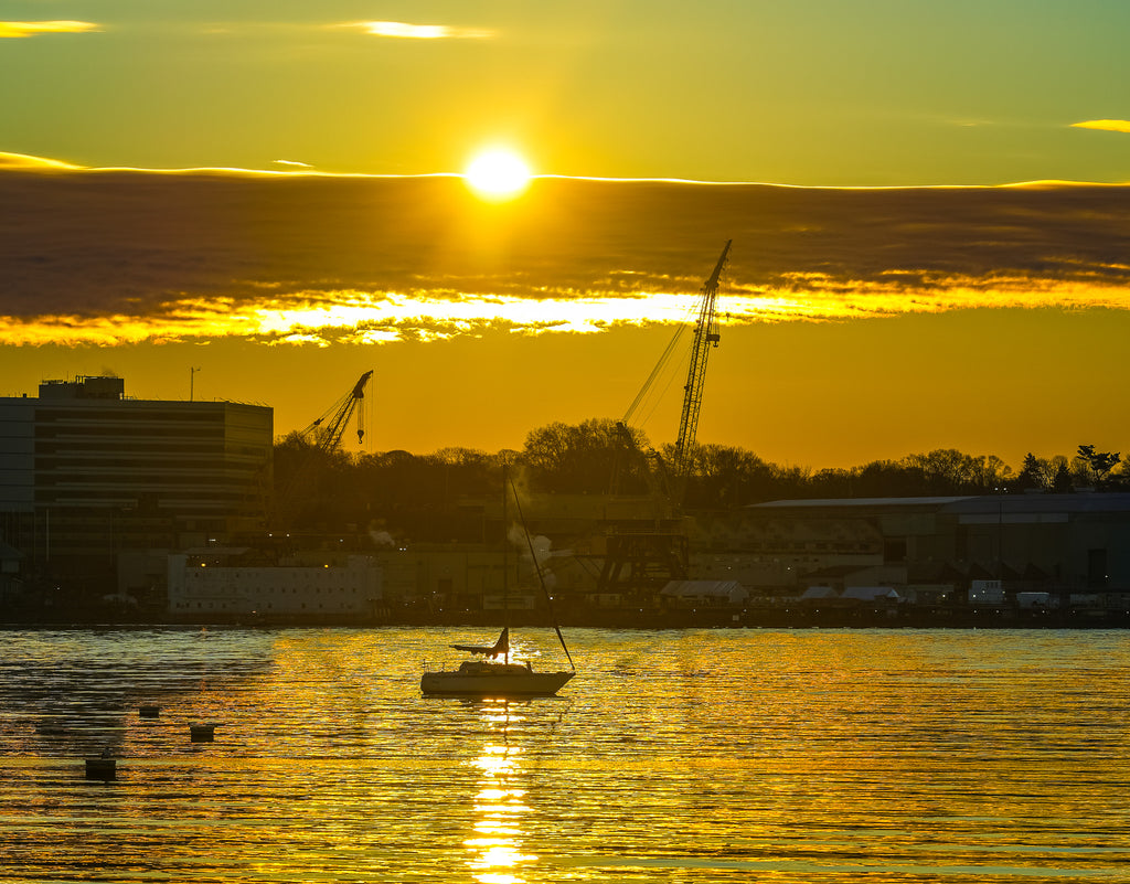Thames River - New London, Connecticut Accent Coffee Mug — Golden Boat Sunrise Photography (11/15 oz)