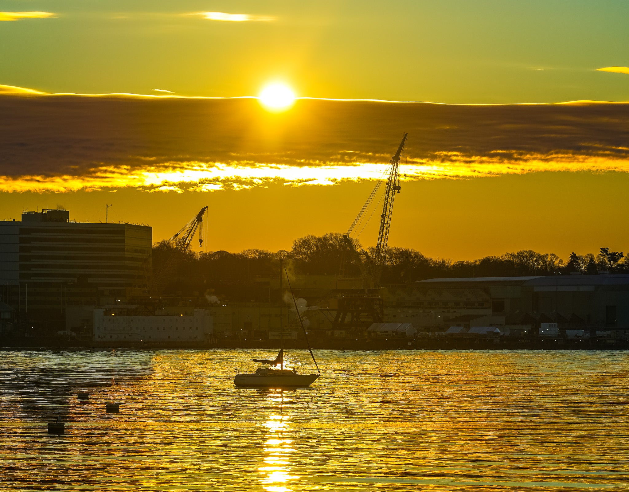 Thames River - New London, Connecticut Accent Coffee Mug — Golden Boat Sunrise Photography (11/15 oz)